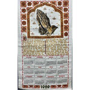 Vintage 1969 Linen Kitchen Towel Calendar The Lord’s Prayer 28” x 16.5”